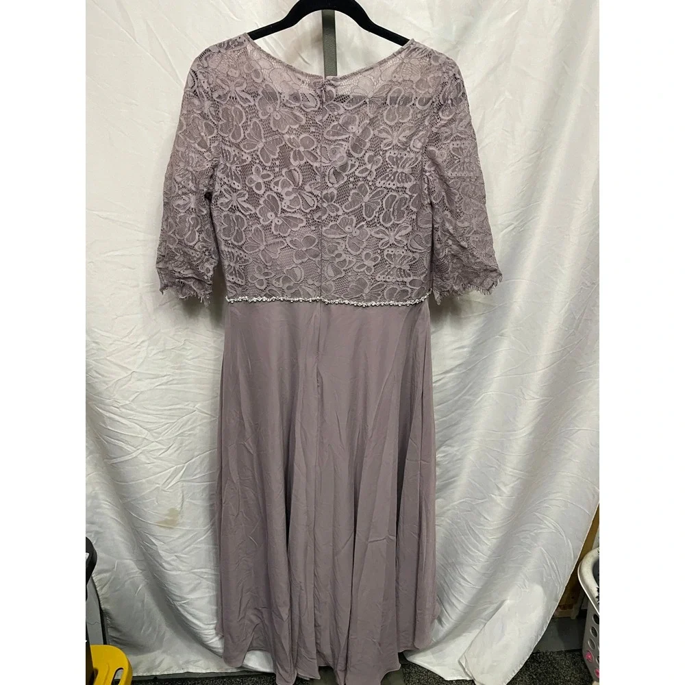 JJ's House dusty  Mauve Lace Chiffon Gown with Rhinestone Belt 3/4 Sleeve Dress - Picture 2 of 6